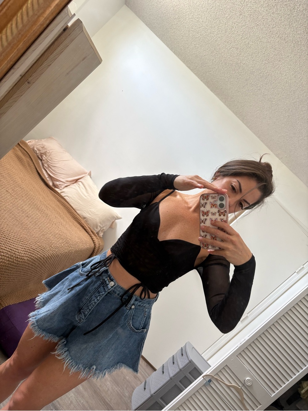 I.AM.GIA Black Sheer Sleeve Lace-Up Crop Top
